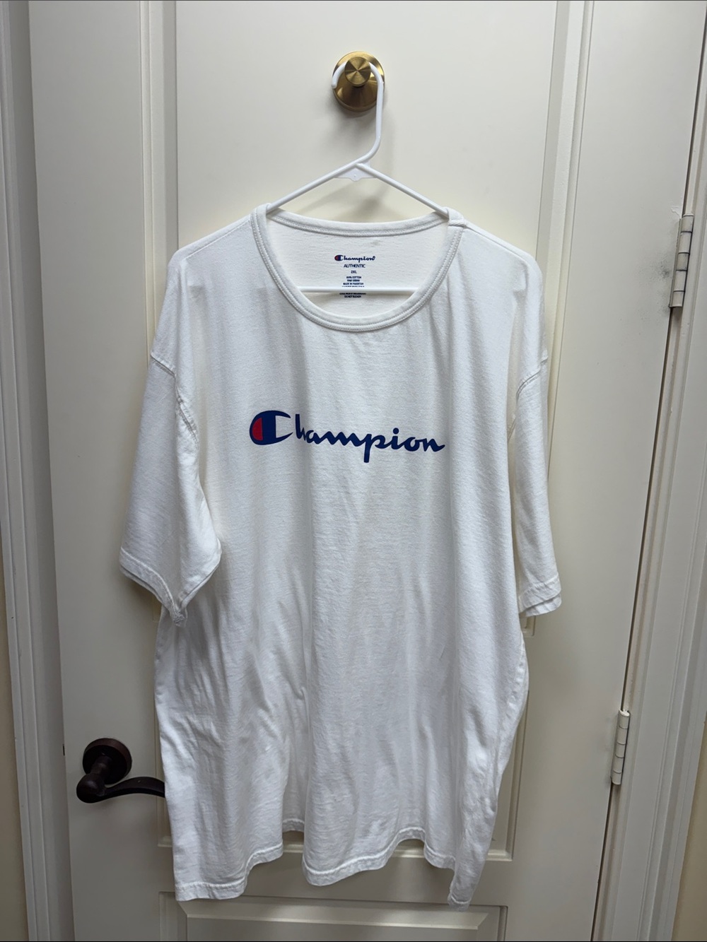 Champion White Short Sleeve Tee with Blue Logo